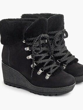 JCrew Women's Nordic Wedge Winter Boots Fur Chunky Black sz 6 M Style K290